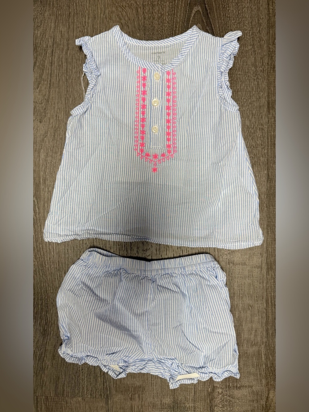 Carter's Blue-and-White Striped Set with Pink Embroidery